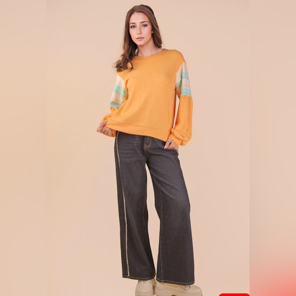 Very J Vibrant Orange Sweatshirt with Striped Sleeves